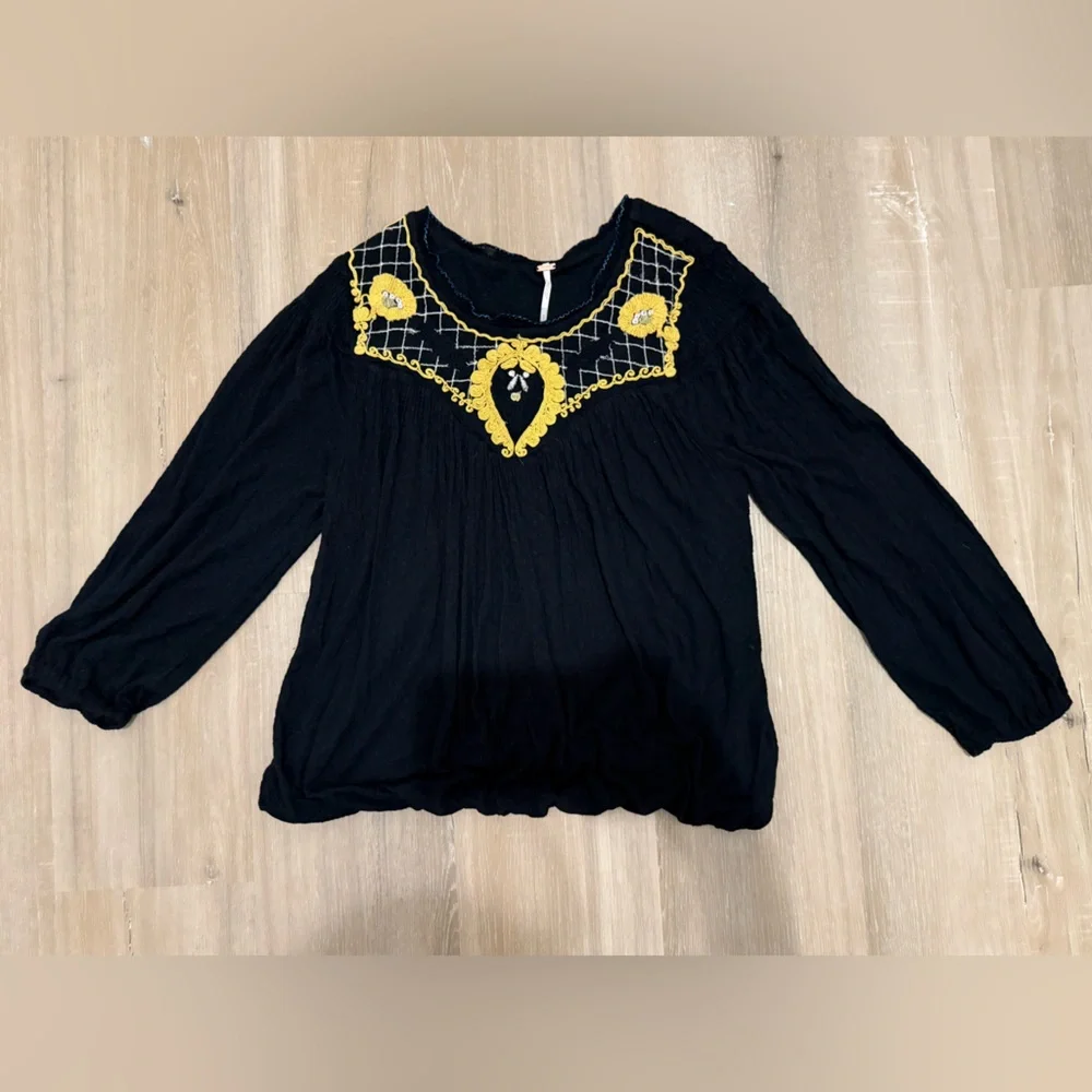 Free People Women’s Black Long Sleeve Begonia Blouse Relaxed Boho Size Small